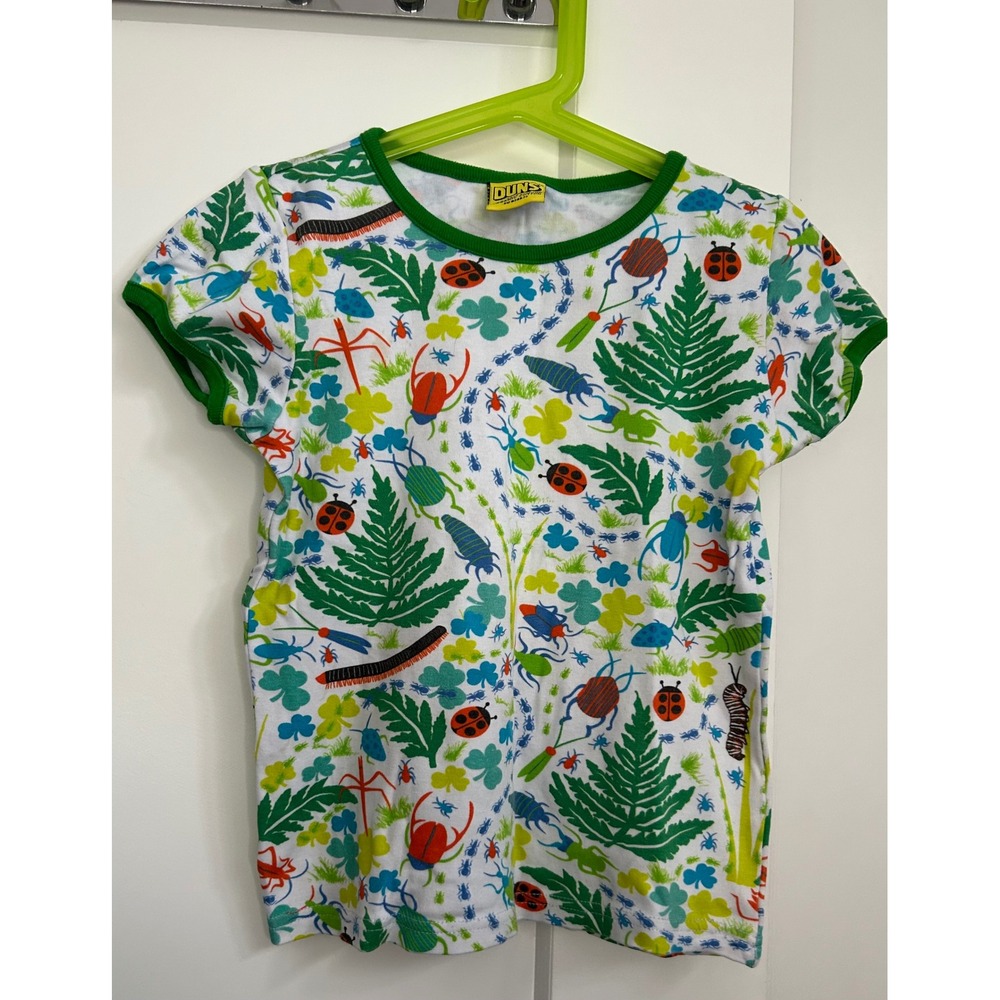 DUNS Sweden Kids Organic Cotton Beetle Bug Print T-Shirt Green Ringer Size 116